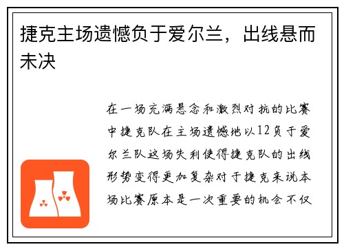 捷克主场遗憾负于爱尔兰，出线悬而未决