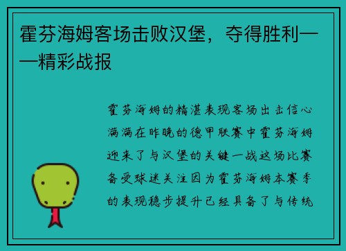 霍芬海姆客场击败汉堡，夺得胜利——精彩战报