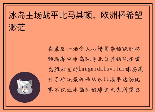 冰岛主场战平北马其顿，欧洲杯希望渺茫