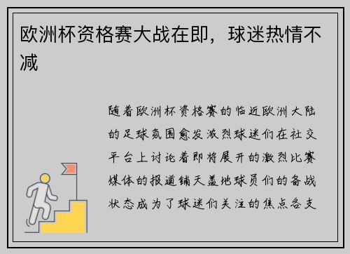欧洲杯资格赛大战在即，球迷热情不减