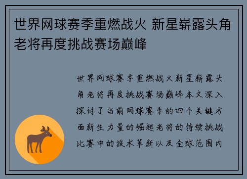 世界网球赛季重燃战火 新星崭露头角老将再度挑战赛场巅峰 世界网球赛季重燃战火 新星崭露头角老将再度挑战赛场巅峰