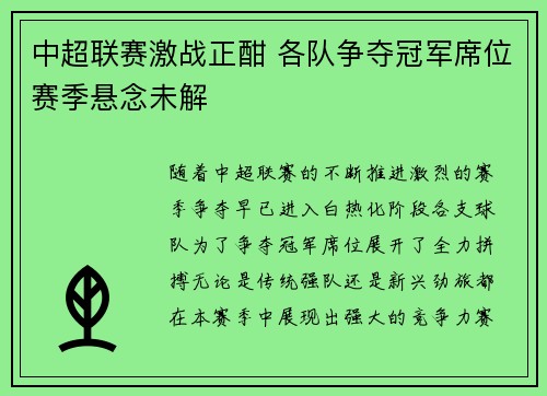 中超联赛激战正酣 各队争夺冠军席位赛季悬念未解 中超联赛激战正酣 各队争夺冠军席位赛季悬念未解